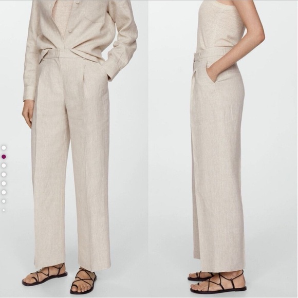 MNG by Mango Beige 100% Linen Straight Wide Leg Pleated Trousers Pants Size 10 - Picture 1 of 11